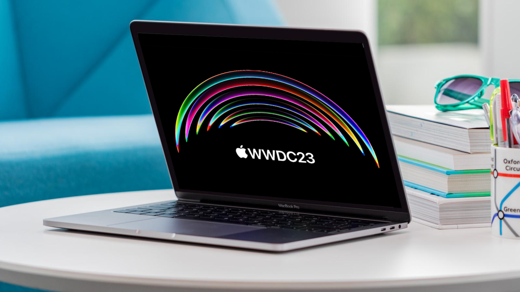 Logo de WWDC 2023 en un MacBook Pro